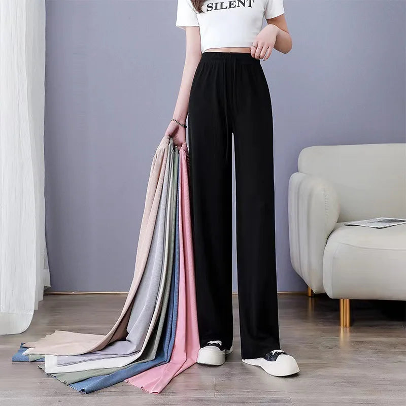 Women Pants Spring Summer Ice Silk Wide Leg Pants  High Waist Loose Straight Casual Pant Female Outdoor Black Trousers