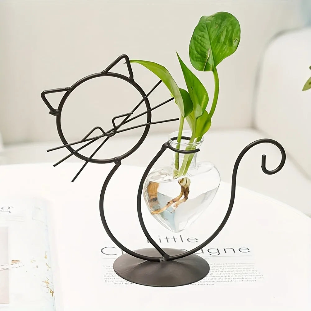 Simple Cat Iron Flower Machine Heart-Shaped Hydroponics Vase Creative Home Living Room Dining Table Decoration