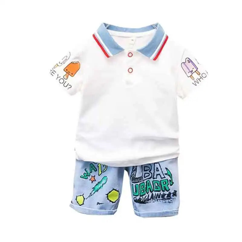 Boys  Summer Outfit T-Shirt and Jeans Korean Polo Fashion  Casual Clothing Korean Reviews Top Toddler Kids Clothes Sets