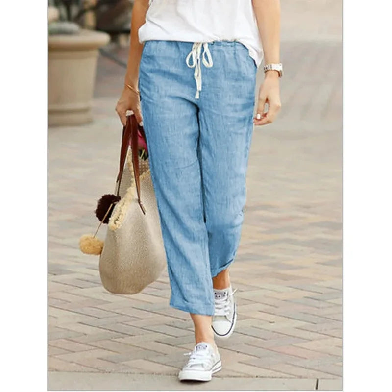 Autumn Cotton Women's Pants  Black Drawstring Elastic Waist Casual Pants Female Loose Fashion Elegant Ladies Bottom