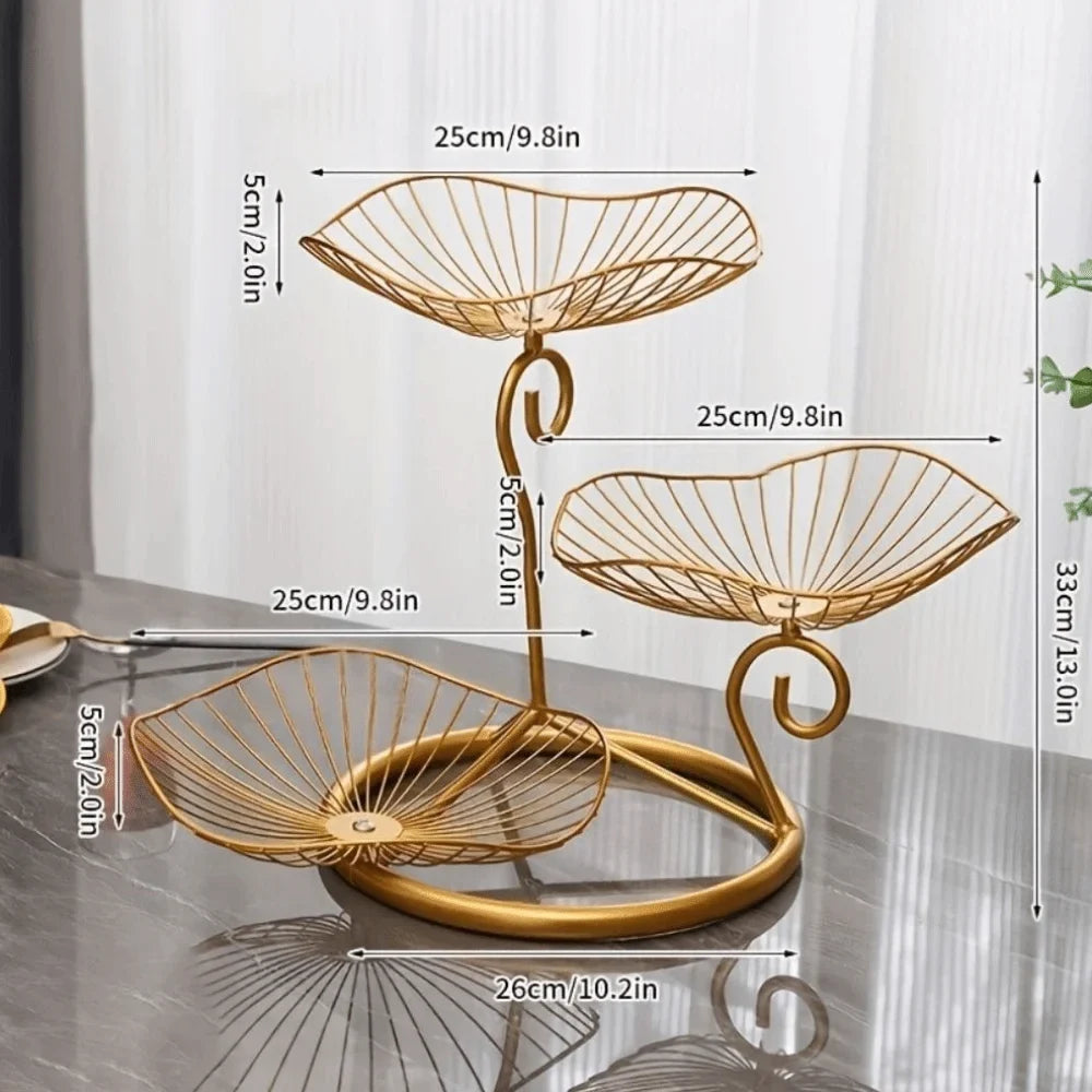 Lotus Leaf Shape 3-Tier Fruit Basket Vintage Space-Saving Multi-Layer Serving Tray with Base Metal Wire Fruit Basket