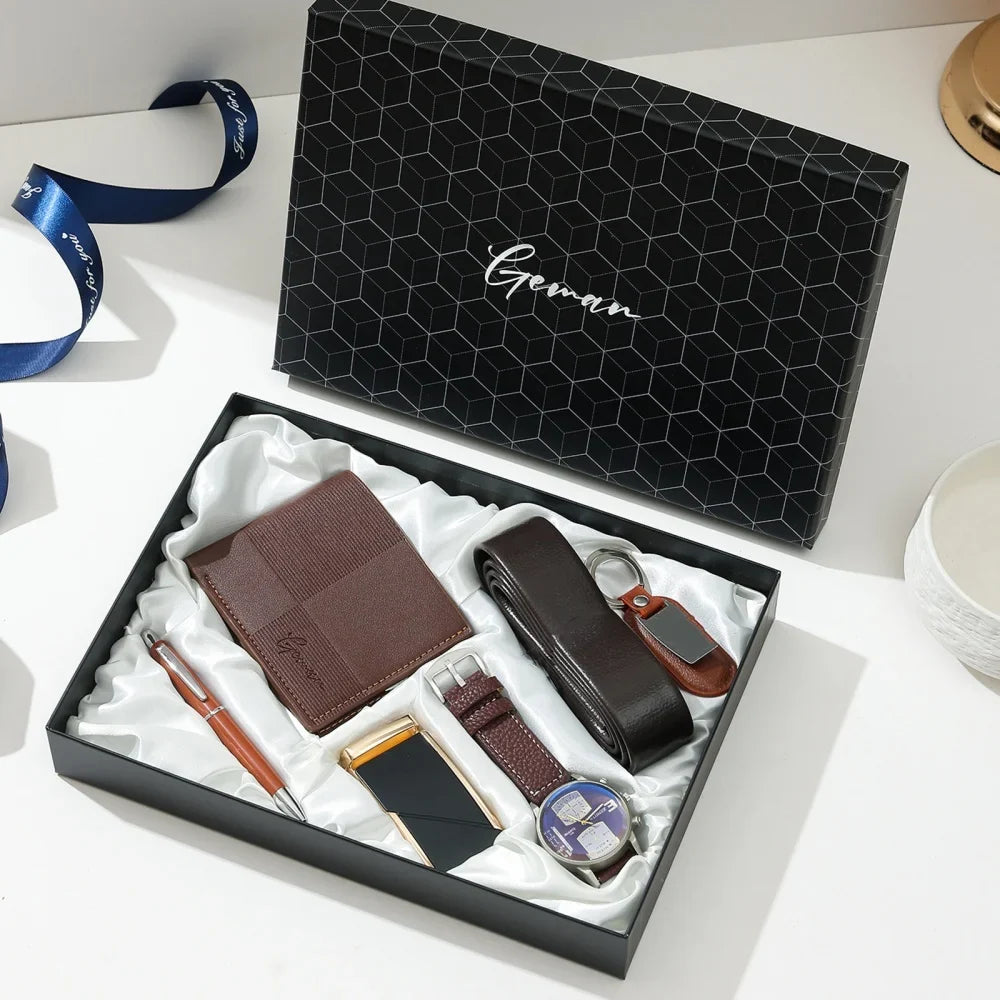 New Luxury Men's Accessory Set Watch Belt Wallet Pen Keychain Bracelet Cufflinks Sunglasses Gift Box for Dad Husband Boyfriend