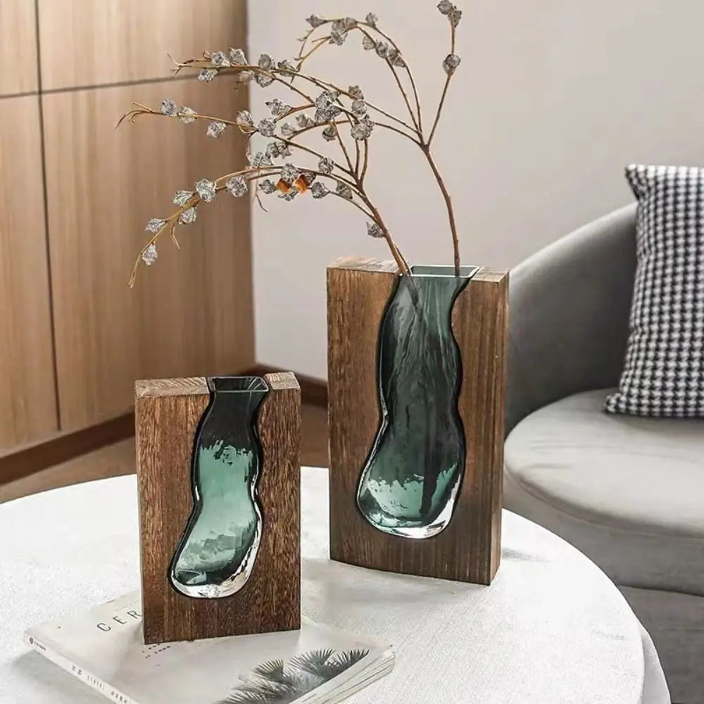 Desktop Ornament Wooden Glass Vase Transparent Modern Hydroponic Flower Holder Removable Creative Flower Pot Home