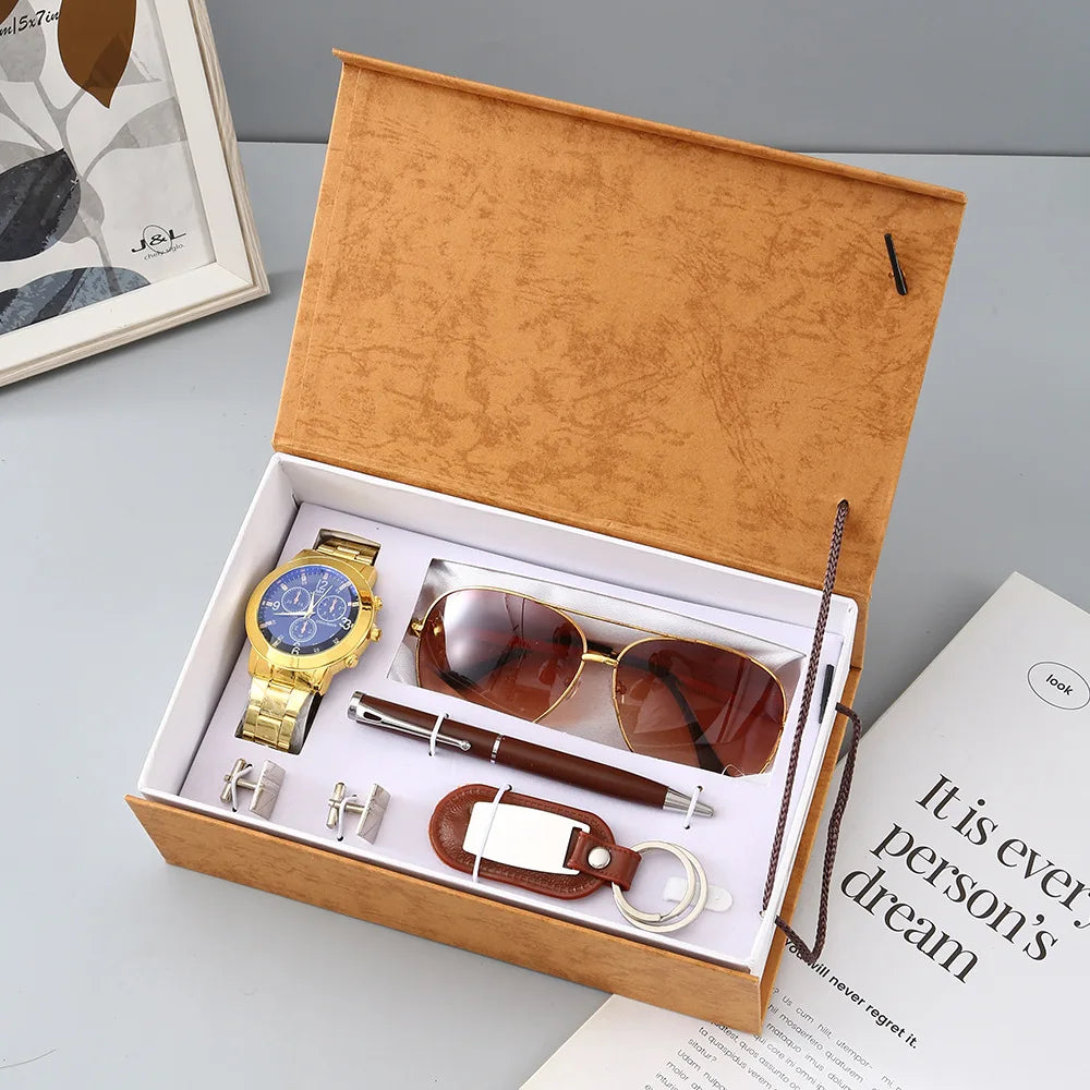 New Watch Men's Gift Set with Box Belt Wallet Set Keychain Sunglasses Cufflinks Ballpoint Pen Father's Day Gift Business Box Set
