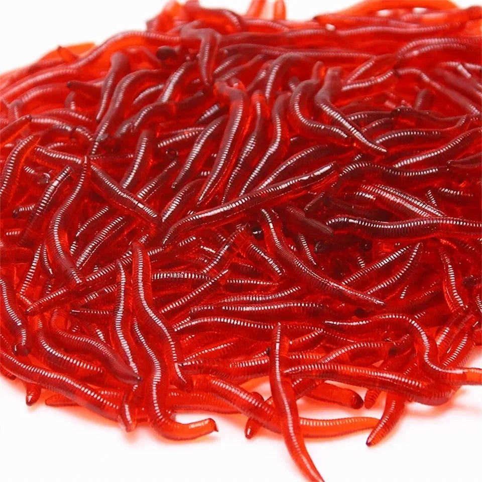 100pcs Red Worm Lure 3.5cm Lifelike Silica Gel Fishy Artificial Red Worm Earthworm Bait Submerge Simulation Lure Pesca