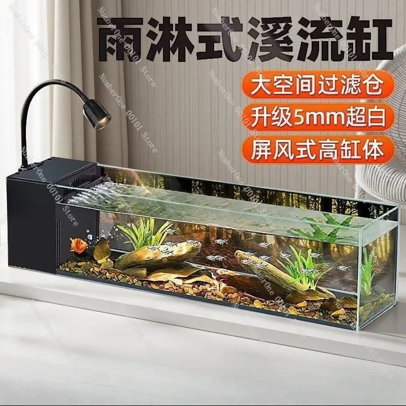 Desktop Stream Side Filter Tank, Ultra-Clear Glass Landscape Fish Tank, Oxygen-Generating Desktop Aquarium for Living Room