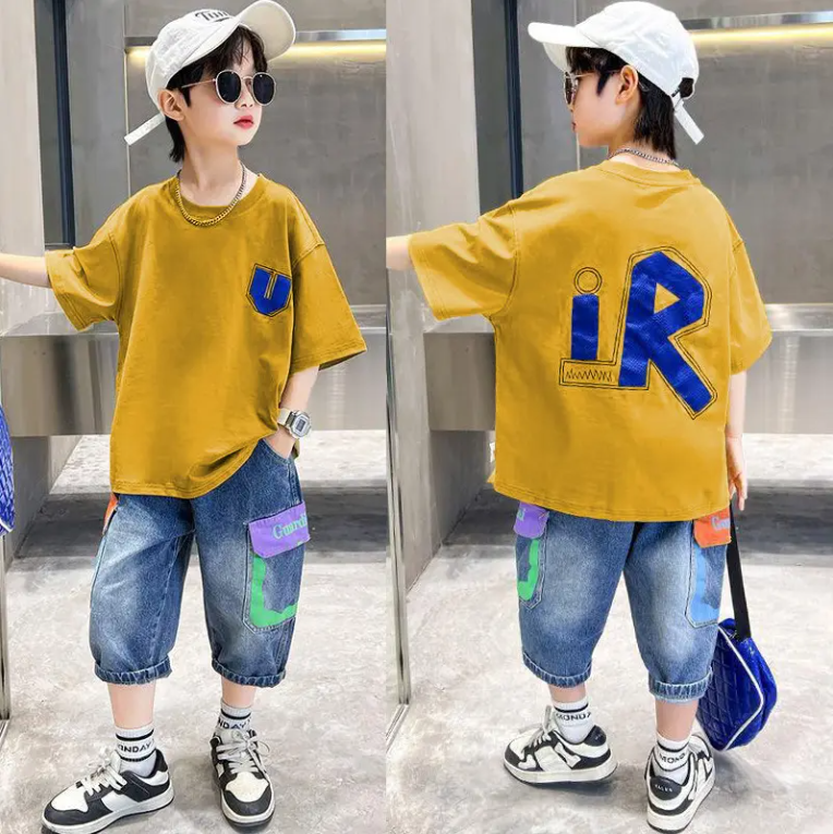 Summer Big Boys Clothes Short Sleeve Letter Loose T Shirt Denim Shorts 2Pcs Children Tracksuits Teenage Boys Clothing (Available)