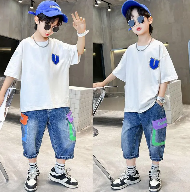 Summer Big Boys Clothes Short Sleeve Letter Loose T Shirt Denim Shorts 2Pcs Children Tracksuits Teenage Boys Clothing (Available)