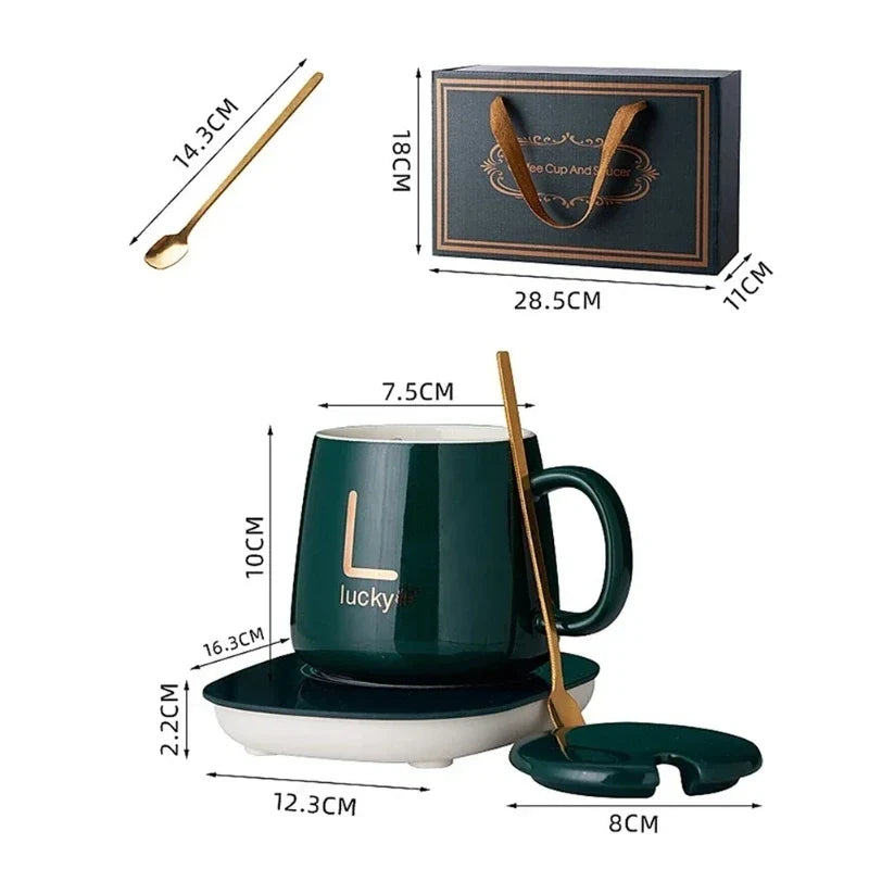 Heated Coffee & Tea Mug Set, Ceramic Thermostatic Cup with Lid & Spoon, Fashionable Lucky Cup, Valentine’s Day Gift