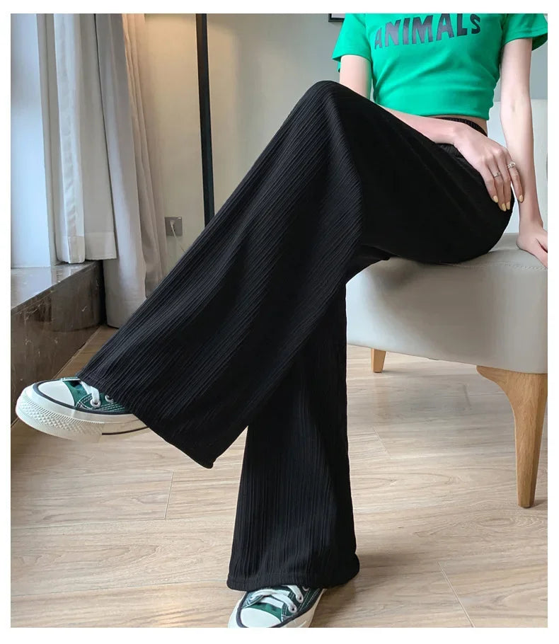 Korea Dongdaemun Ice Silk Wide-leg Pants Women's Thin Slimming Floor Pants White Striped Pants Y2K Fashion Pants Baggy