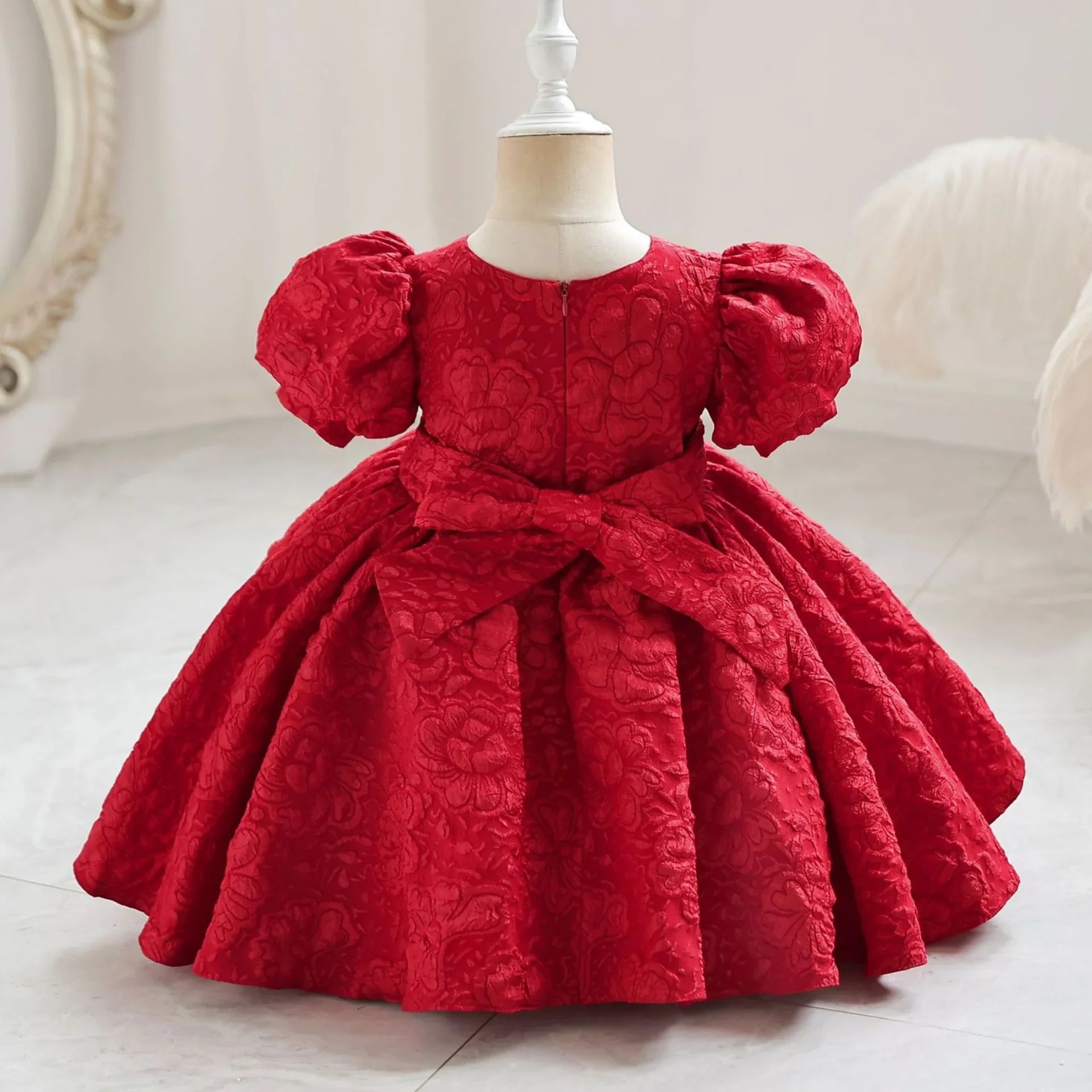 New Bubble Sleeve Girl's First Year Dress Wedding Flower Girl's Birthday Dress Bowknot Sweet Lovely Puffy Dress