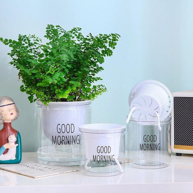 Flower Pot Automatic Water-Absorbing Flowerpot Transparent Double Layer Plastic Self Watering Planter Office
