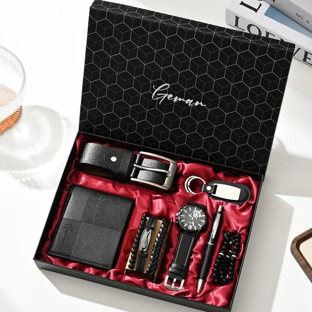 New Luxury Men's Accessory Set Watch Belt Wallet Pen Keychain Bracelet Cufflinks Sunglasses Gift Box for Dad Husband Boyfriend
