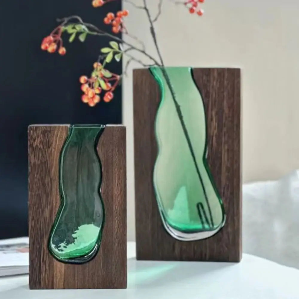 Desktop Ornament Wooden Glass Vase Transparent Modern Hydroponic Flower Holder Removable Creative Flower Pot Home