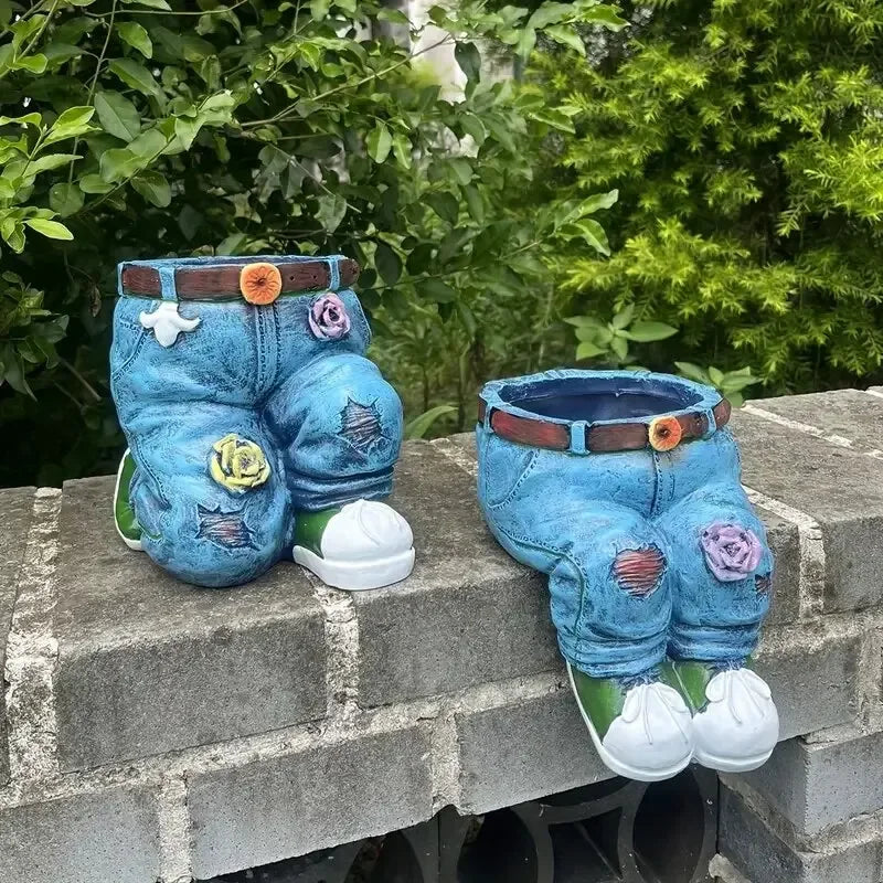 Jeans Pants Shape Flower Pot Resin Statue, Succulent Pot Flower Planter For Indoor Garden Yard Lawn Porch Patio Outdoor