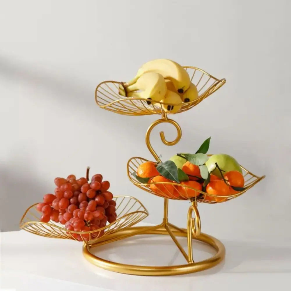Lotus Leaf Shape 3-Tier Fruit Basket Vintage Space-Saving Multi-Layer Serving Tray with Base Metal Wire Fruit Basket