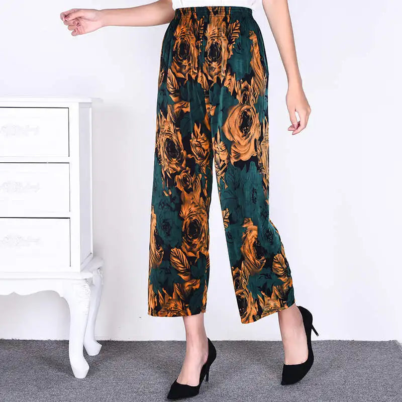 High Waist Floral Pants Straight Leg Home Leisure Women's plus Size High Elasticity Air Conditioning Pants Casual Trousers