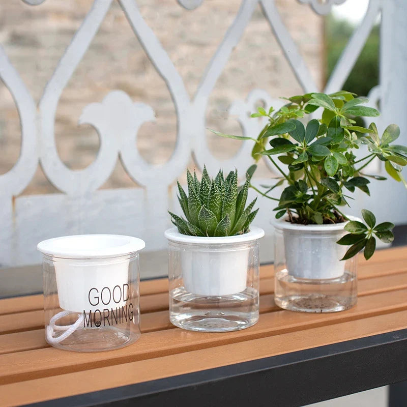 Flower Pot Automatic Water-Absorbing Flowerpot Transparent Double Layer Plastic Self Watering Planter Office