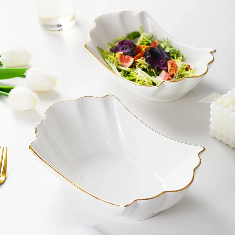 European tracing gold Ceramic Household Soup Bowl shaped Pasta Bowls Fruit Salad Bowl Cold Dish Bowls Hotel restaurant cutlery