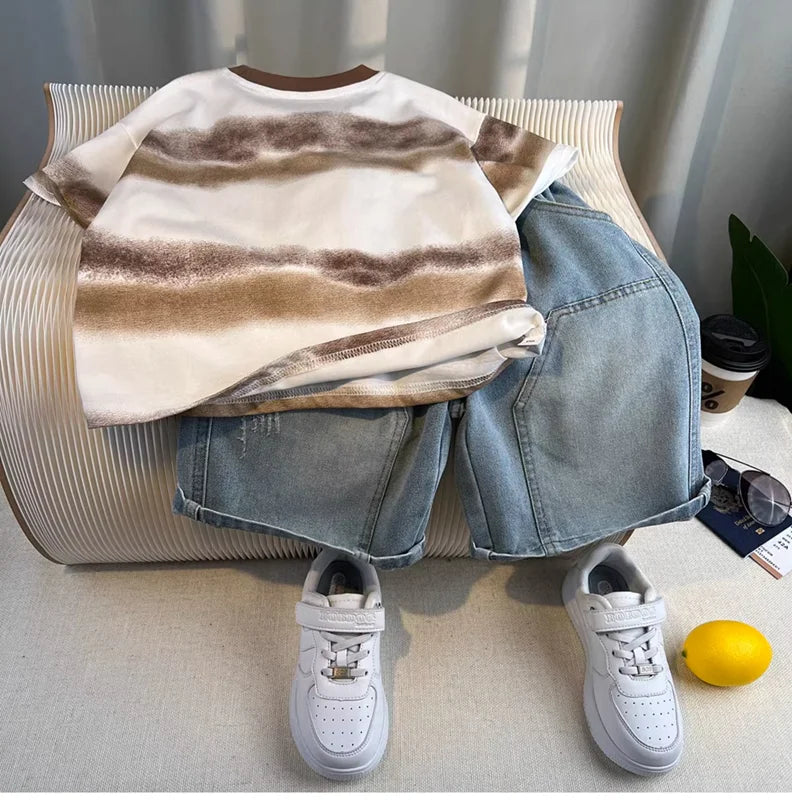 Korean Children's Summer Clothes Kids Set Outfits Boys 2025 Handsome Sleeveless&Short Sleeved T-shirt Denim Shorts 2-piece Set