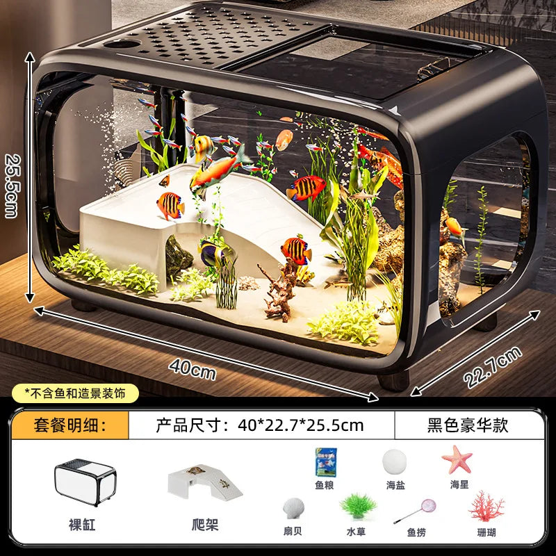 Creative Transparent Covered Aquarium Desktop Ecological Goldfish Tank Living Room Decorative Landscape Viewing Turtle Tank