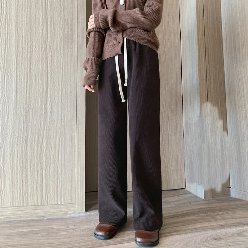 Women Wide Leg Corduroy Pants Autumn Winter Women Basic Elastic Waist Stright Long Pants Casual Female Long Pants Trousers