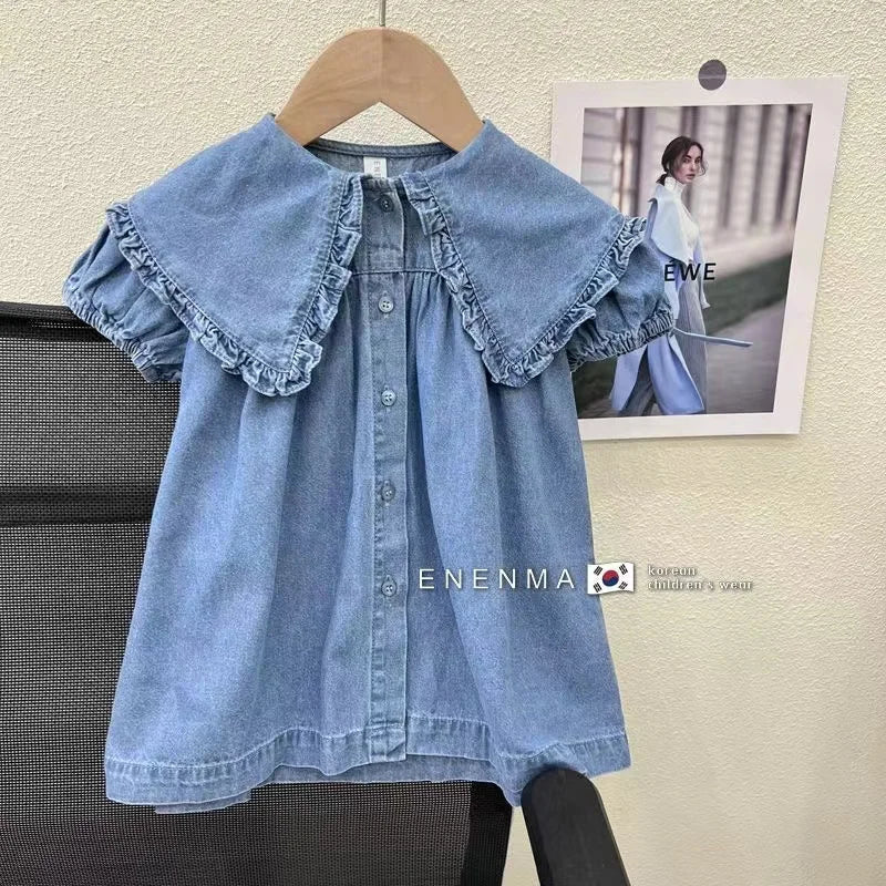 Children's Dress Summer Girl's Fashionable Bubble Sleeves Denim Dress Baby Cotton Short Sleeves Flip Collar Princess Dress