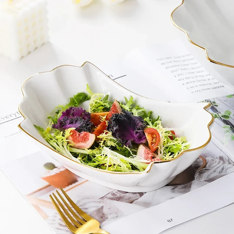 European tracing gold Ceramic Household Soup Bowl shaped Pasta Bowls Fruit Salad Bowl Cold Dish Bowls Hotel restaurant cutlery