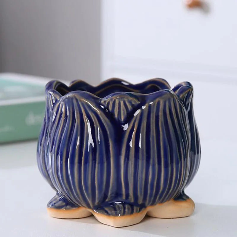 Ceramic Lotus Design Succulent Plant Pot Flower Pot Bonsai Vase with A Hole Lotus Planter Container Garden Home Decor