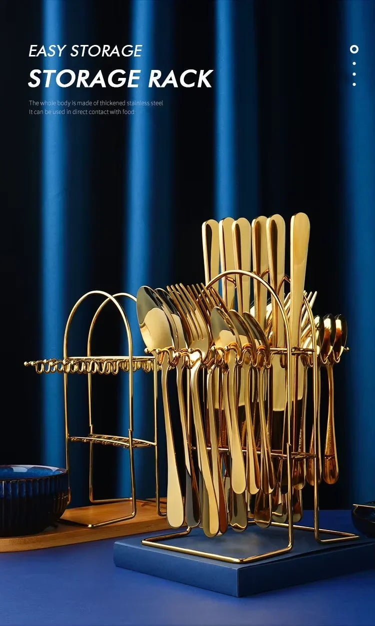 24pcs Knife Fork Spoon Dinnerware Set Rose Gold Tableware Stainless Steel Flatware Kitchen Cutlery Set with Luxury Storage Rack