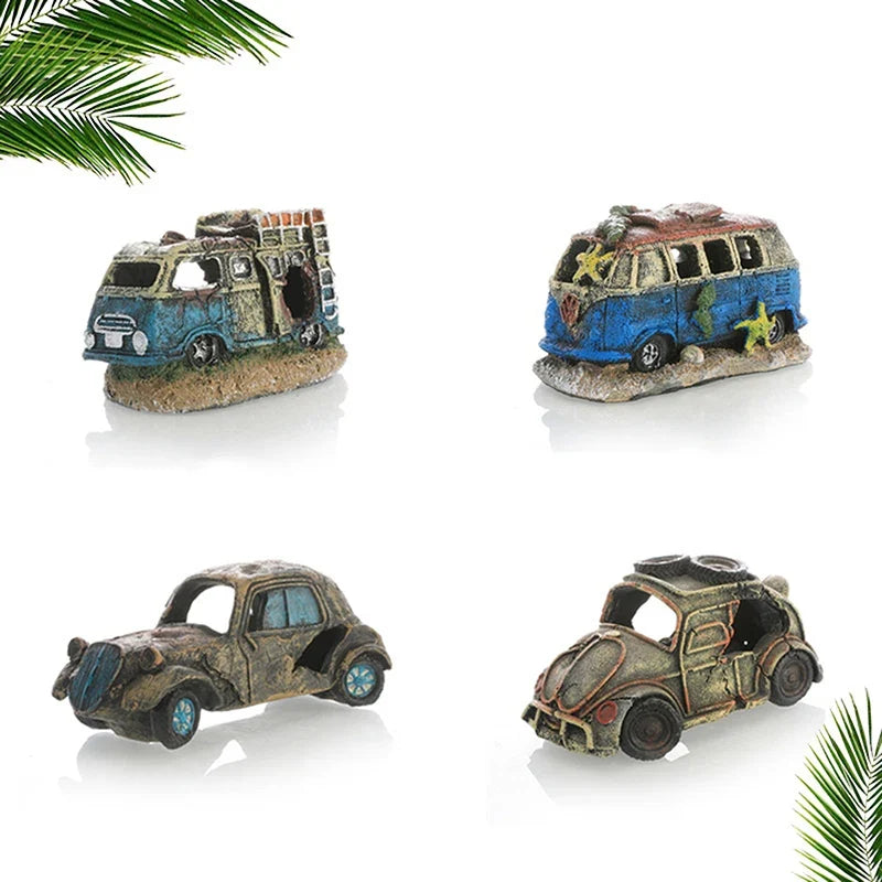 Aquarium Ornament Shaped Like Car Wreckage, Featuring Hiding Holes For Fish And Shrimp, Aquarium Decorations, And Aquascaping.