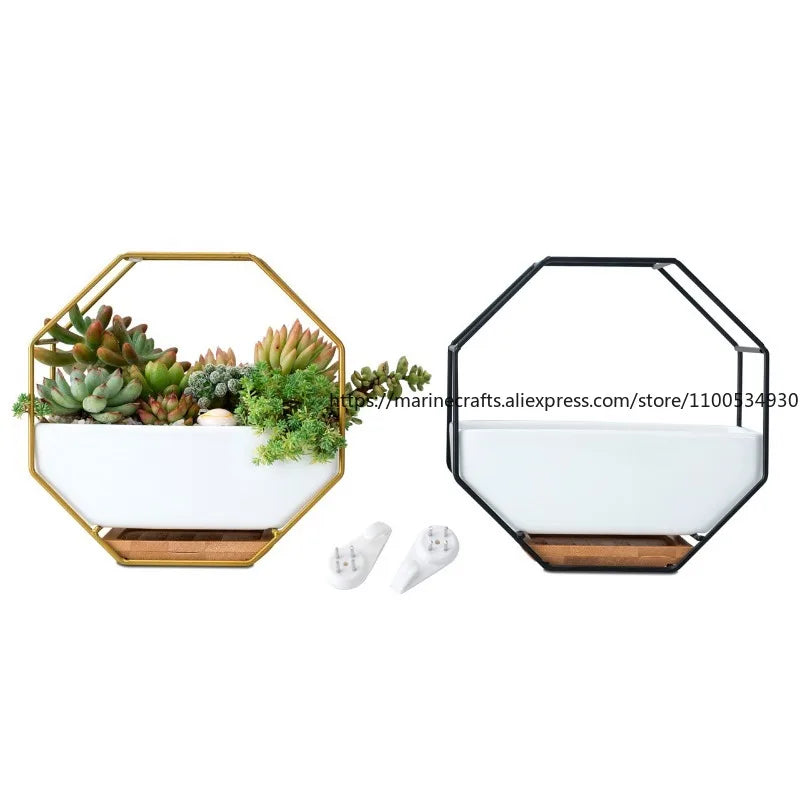 Nordic Creative Ironwork Ceramic Flowerpot Simple Geometric Metal Stand Set Succulent Plant Green Plant Potted Decoration