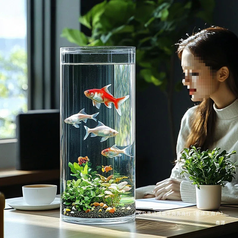 Acrylic Fish Tank Transparent Imitation Glass Goldfish Tank Round Cylindrical Living Room Tabletop Small Anti-Fall Plastic