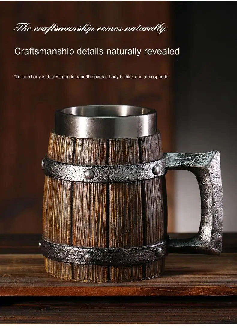 Hot-selling Wooden Barrel Beer mug , Large-capacity  Coffee mug Water bottle ,Tazas de café with stainless steel