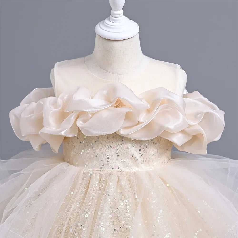 New Girl's Wedding Evening Dress Petal Sequin Mesh Sleeveless Dress Birthday Party School Graduation Party Dress