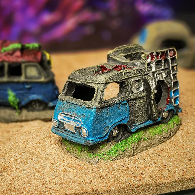 Aquarium Ornament Shaped Like Car Wreckage, Featuring Hiding Holes For Fish And Shrimp, Aquarium Decorations, And Aquascaping.