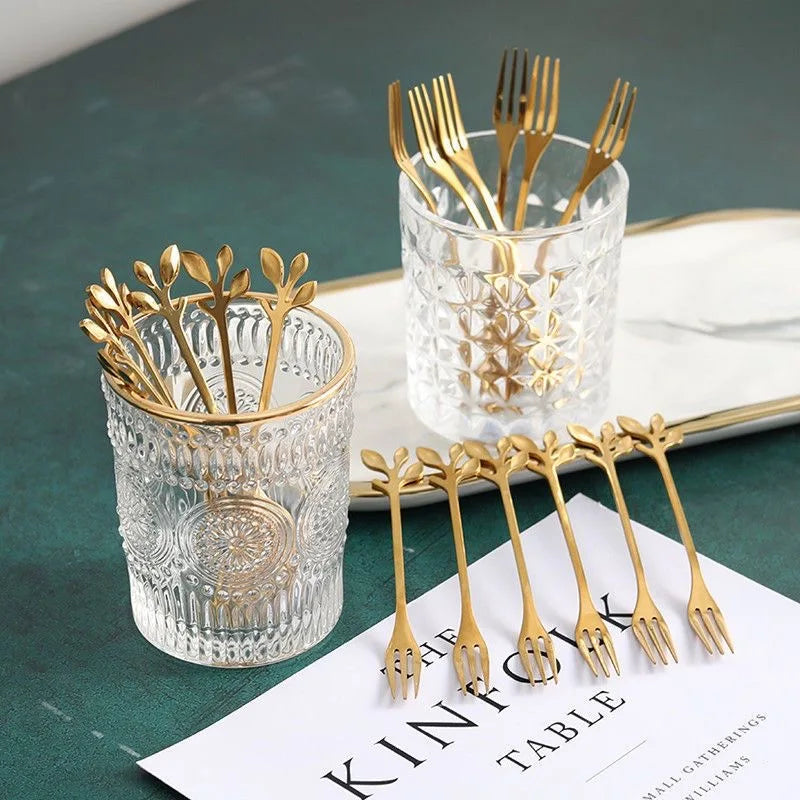 Stainless Steel Tea Forks Gold Silver Cake Fork Snack Salad Coffee Fruit Fork Mirror Cutlery Tableware Set Kitchen Utensils