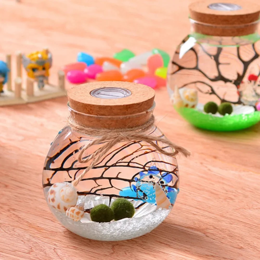 Round Glass Jar Terrarium with Colorful LED Light Cork Micro Landscape Ecological Bottle Night Lights
