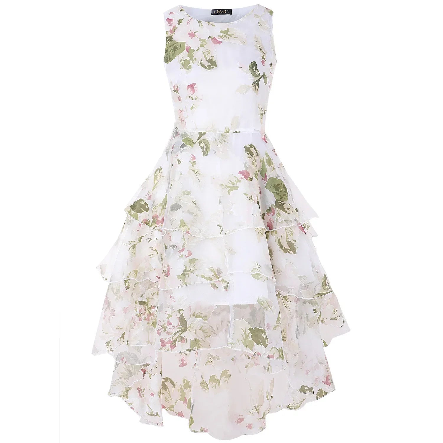 Summer High Low Retro Dress Vintage Women Sleeveless Front Back Short Long Organza Lace Dress Ladies Elegant Party Dress