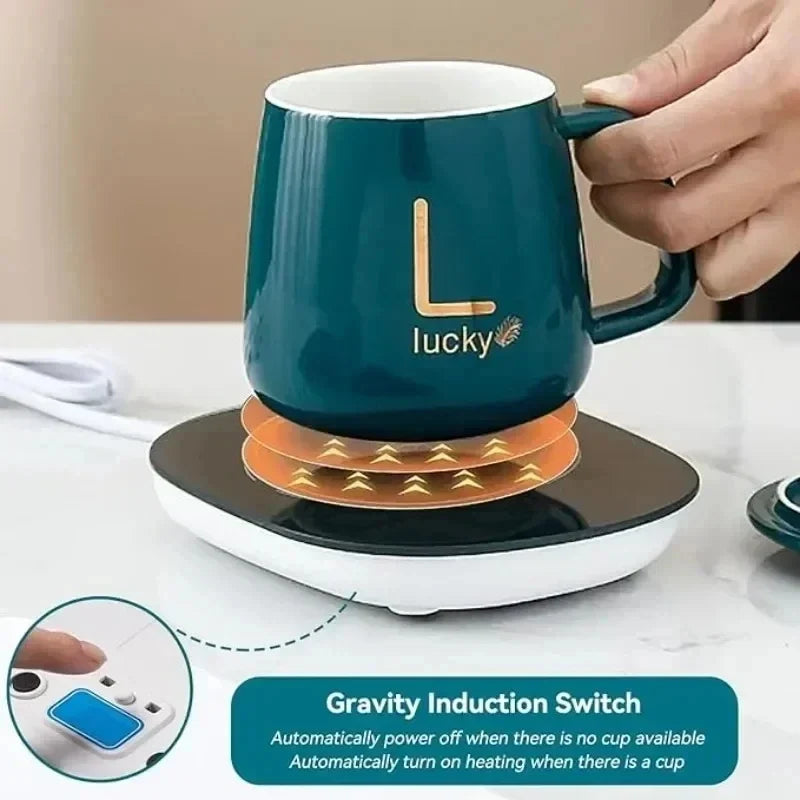 Heated Coffee & Tea Mug Set, Ceramic Thermostatic Cup with Lid & Spoon, Fashionable Lucky Cup, Valentine’s Day Gift