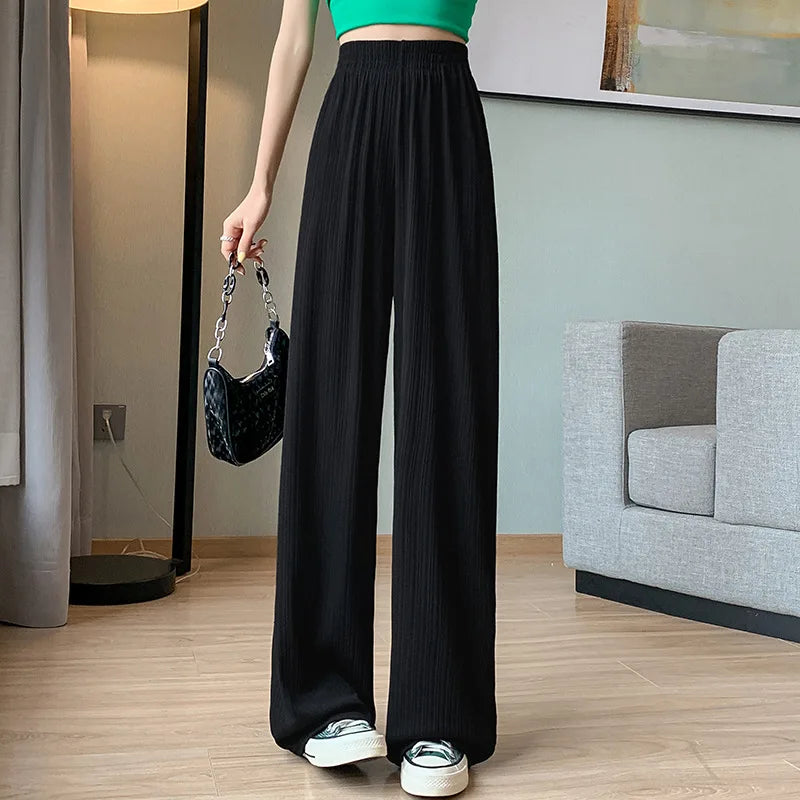 Spring Summer Ice Silk Wide Leg Pants for Women Korean Thin Chiffon High Waist Saggy Loose Straight Casual Fashion Trousers