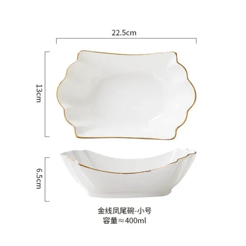European tracing gold Ceramic Household Soup Bowl shaped Pasta Bowls Fruit Salad Bowl Cold Dish Bowls Hotel restaurant cutlery