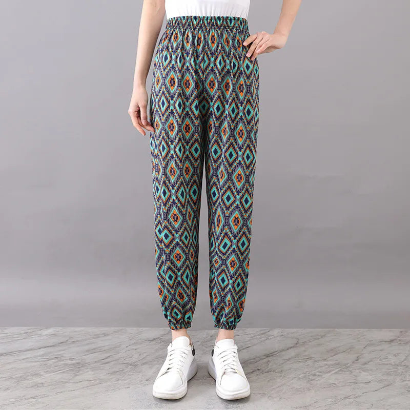 High Waist Floral Pants Straight Leg Home Leisure Women's plus Size High Elasticity Air Conditioning Pants Casual Trousers