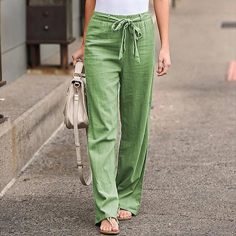 Women Cotton Linen Loose Pants Summer High Elastic Waist Drawstring Wide Leg Trousers JYFS-HS1435