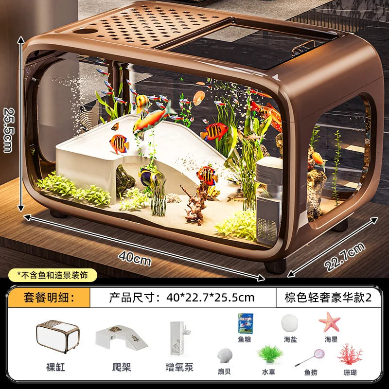 Creative Transparent Covered Aquarium Desktop Ecological Goldfish Tank Living Room Decorative Landscape Viewing Turtle Tank