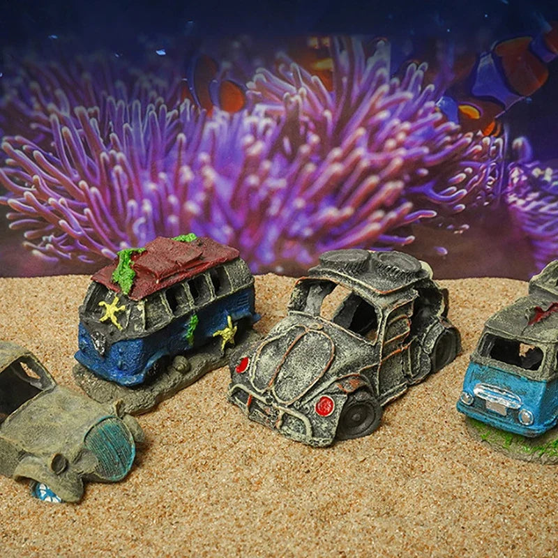 Aquarium Ornament Shaped Like Car Wreckage, Featuring Hiding Holes For Fish And Shrimp, Aquarium Decorations, And Aquascaping.