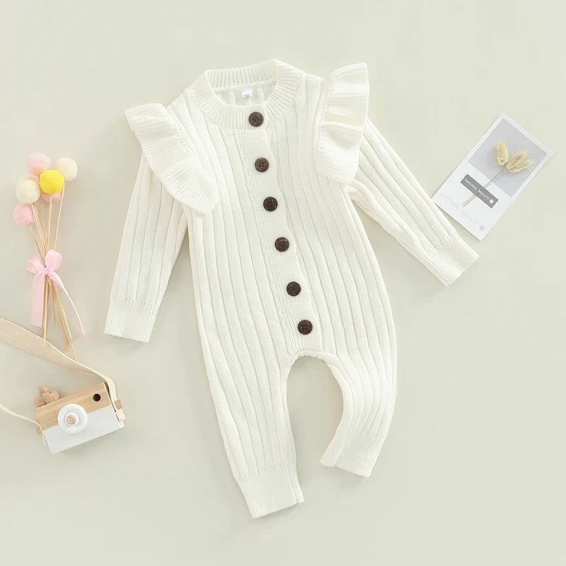 New  Winter Baby Girl’s Knitted Long Sleeve Sweater Jumpsuit Fashion Solid Color Round Neck Ruffles Button Warm Romper Outfits (Available)