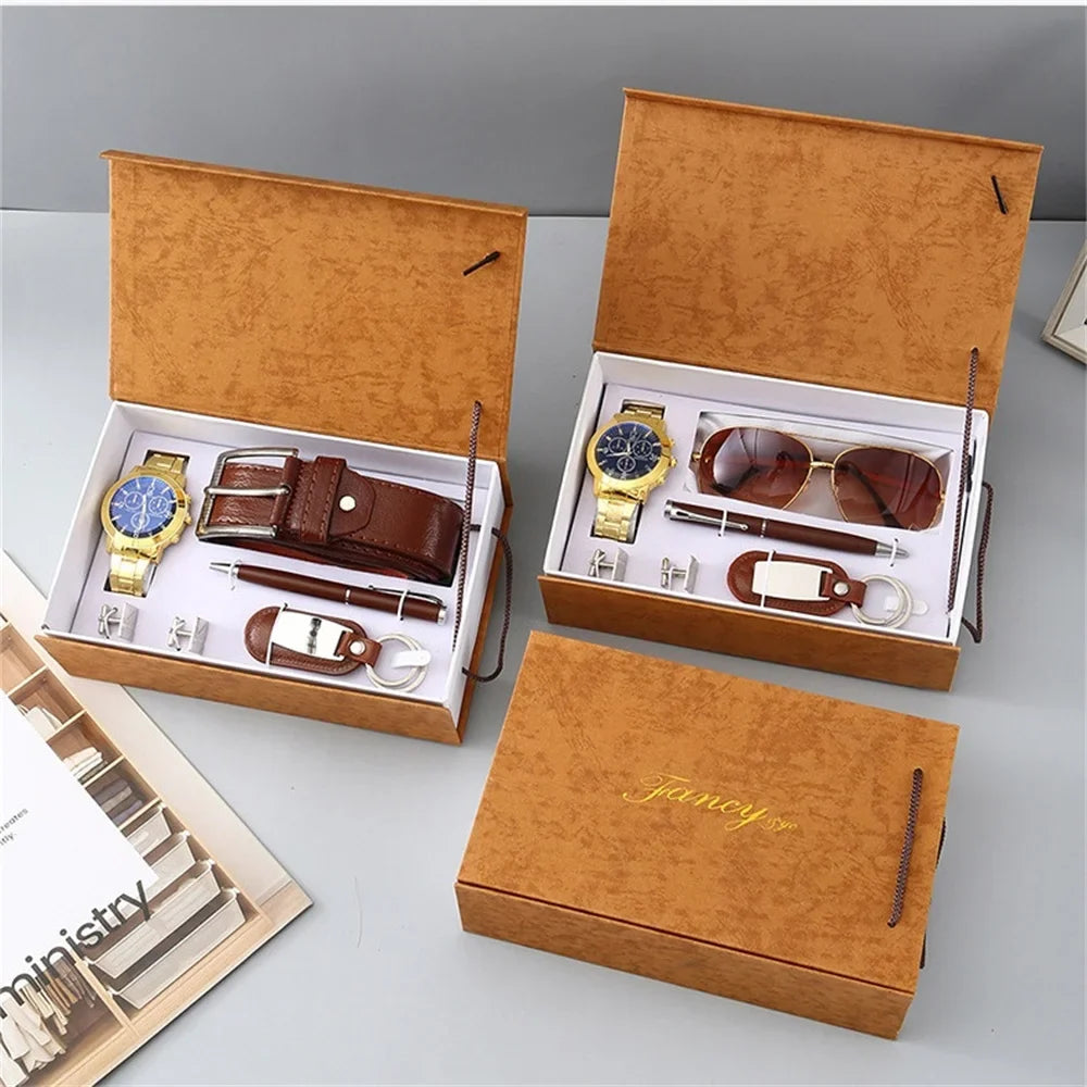 New Watch Men's Gift Set with Box Belt Wallet Set Keychain Sunglasses Cufflinks Ballpoint Pen Father's Day Gift Business Box Set