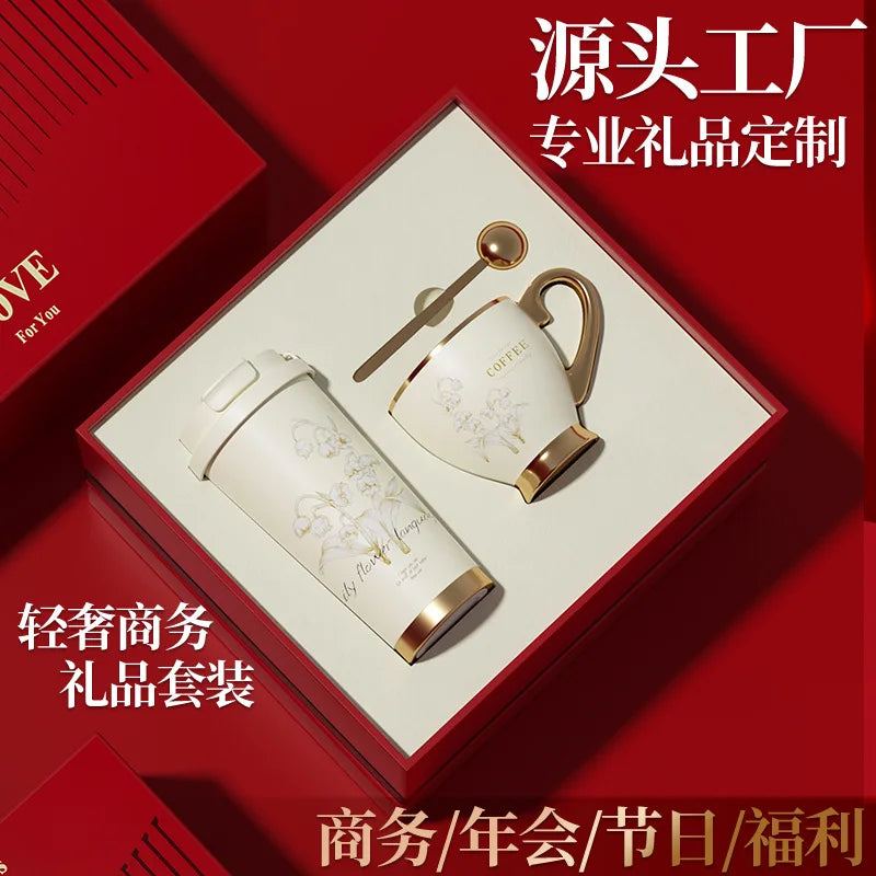 Gold Rim Ceramic Coffee Mug Large Luxury Ceramic Cup Set For GiftStainless Steel Vacuum Flask Customizable