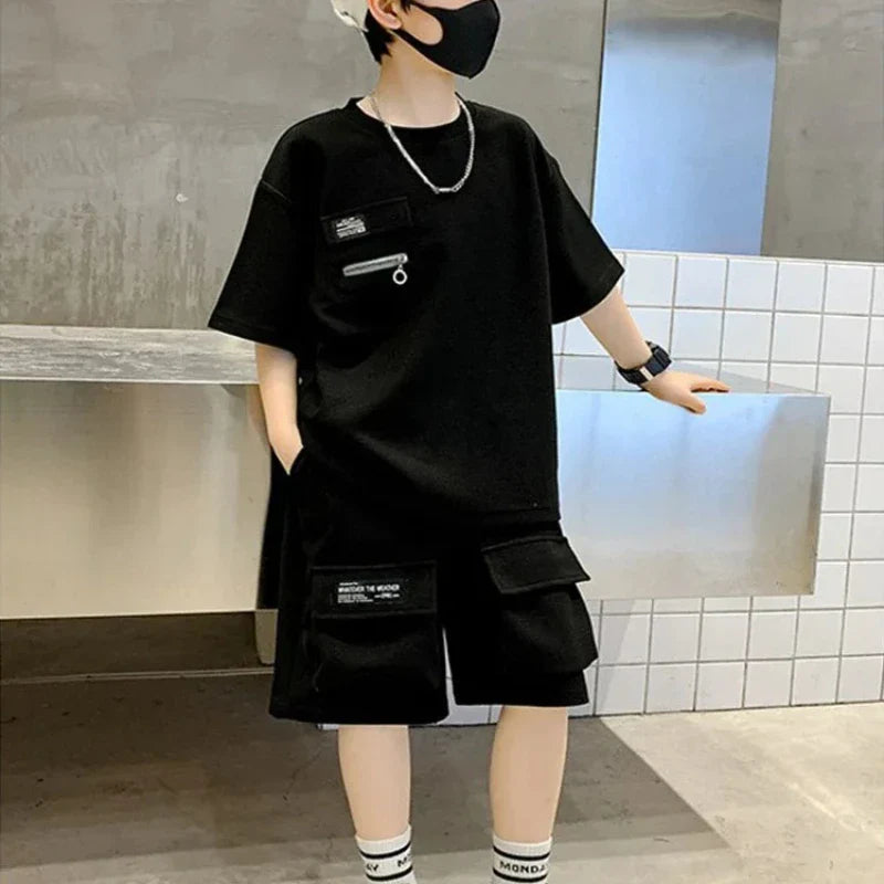 Summer Kids Boys T-Shirt+Shorts 2-Piece Set Letter Printing Children Teen Loose Comfortable Sports Casual Clothes 4-14 Years Old